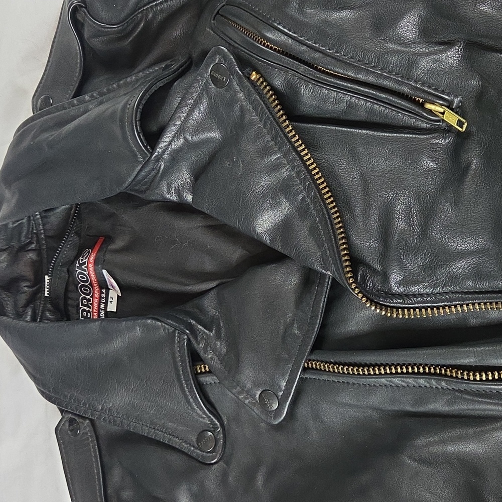 Brooks Black Leather Biker Jacket Coat Womens Size 42 MEDIUM Womans M - Picture 2 of 16
